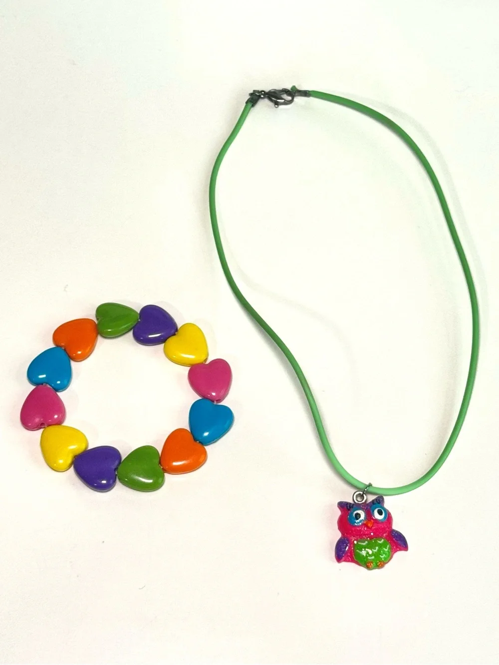 Kids Colorful Owl Necklace & Stretchy Heart Bracelet Set